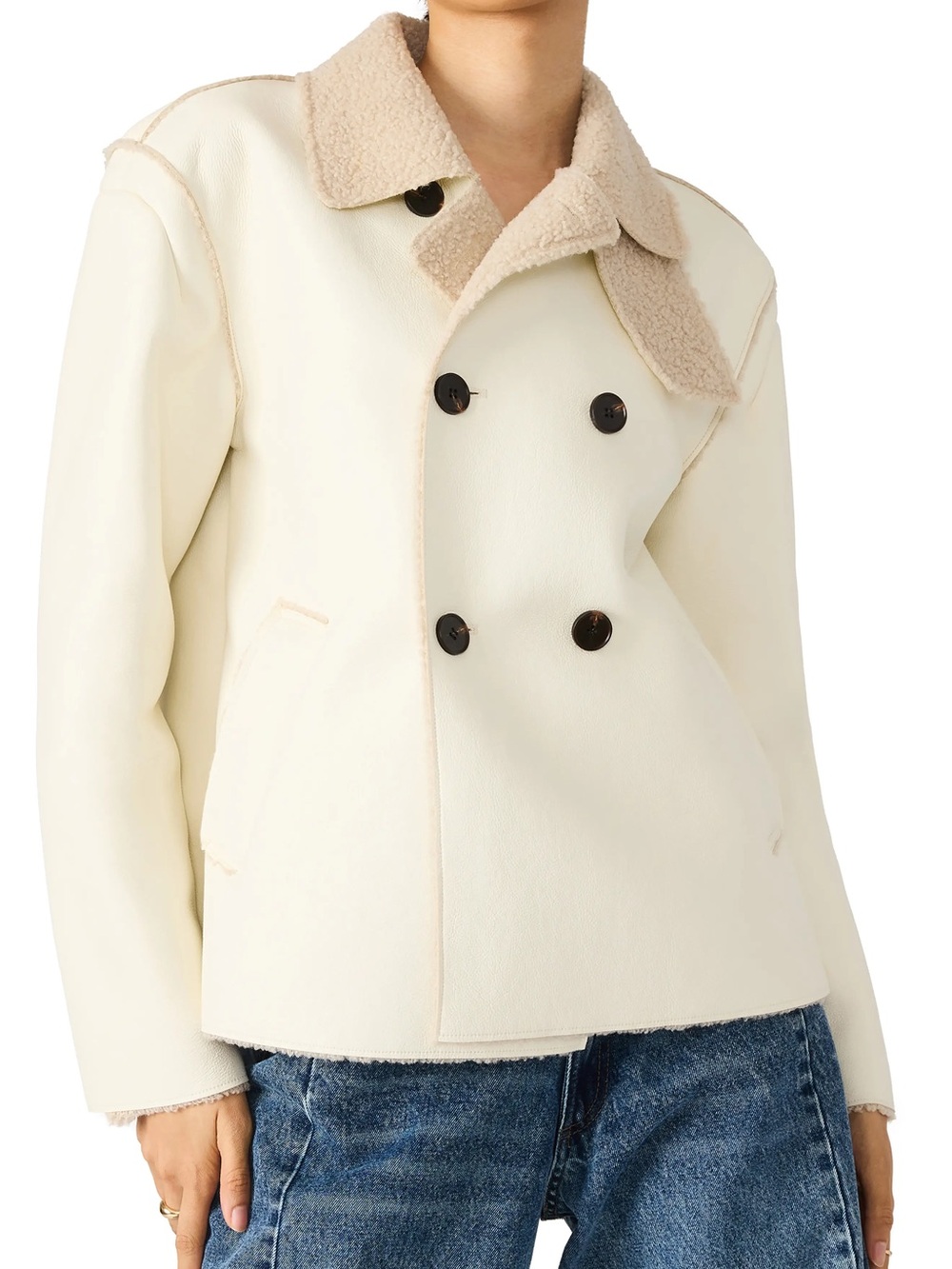 NWT Steve Madden LIV Faux Shearling Double Breasted Coat Ivory Size L - Picture 2 of 6